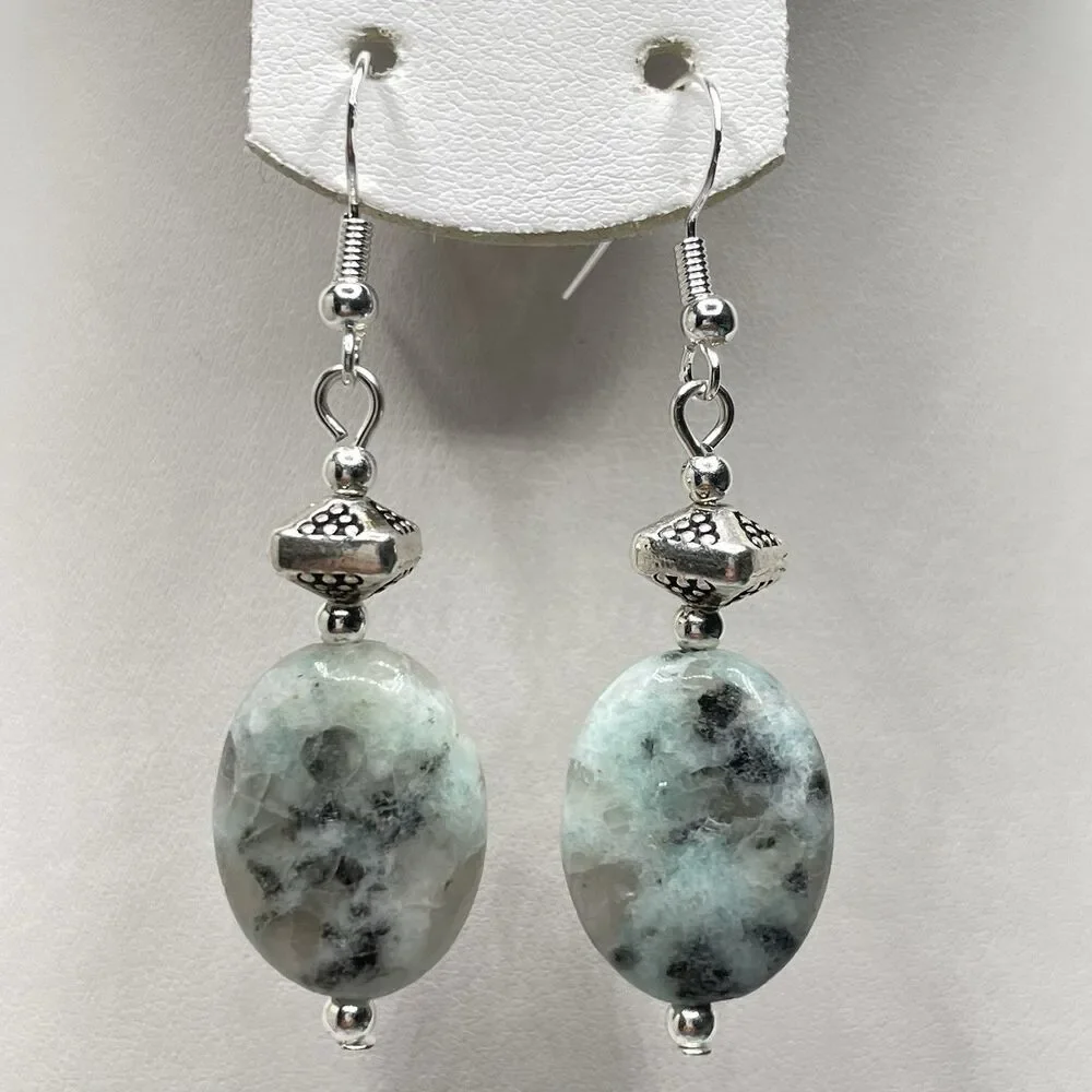 Artisan Silver Kiwi Jasper Stone Oval Beaded Dangle Earrings Boho Cute